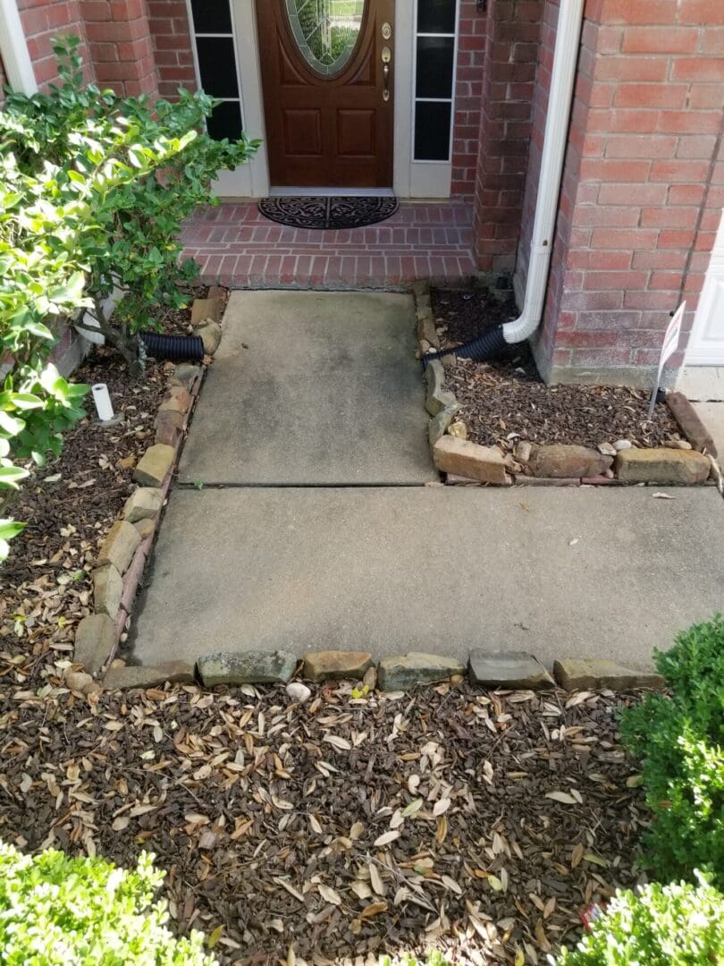 Freshly poured concrete pathway with a small garden border.